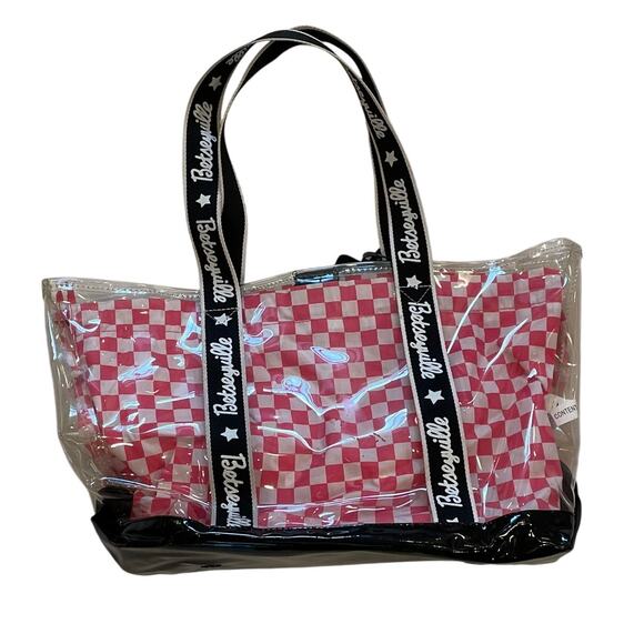 Betsey Johnson Betseyville Clear Tote Bag Pink Checkered Lining, Studded Detail - Picture 6 of 10